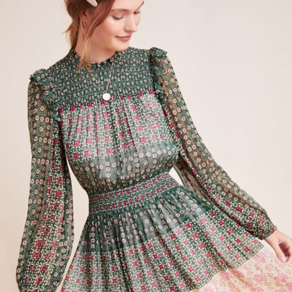 Anthropologie Green and Pink Patterned Dress